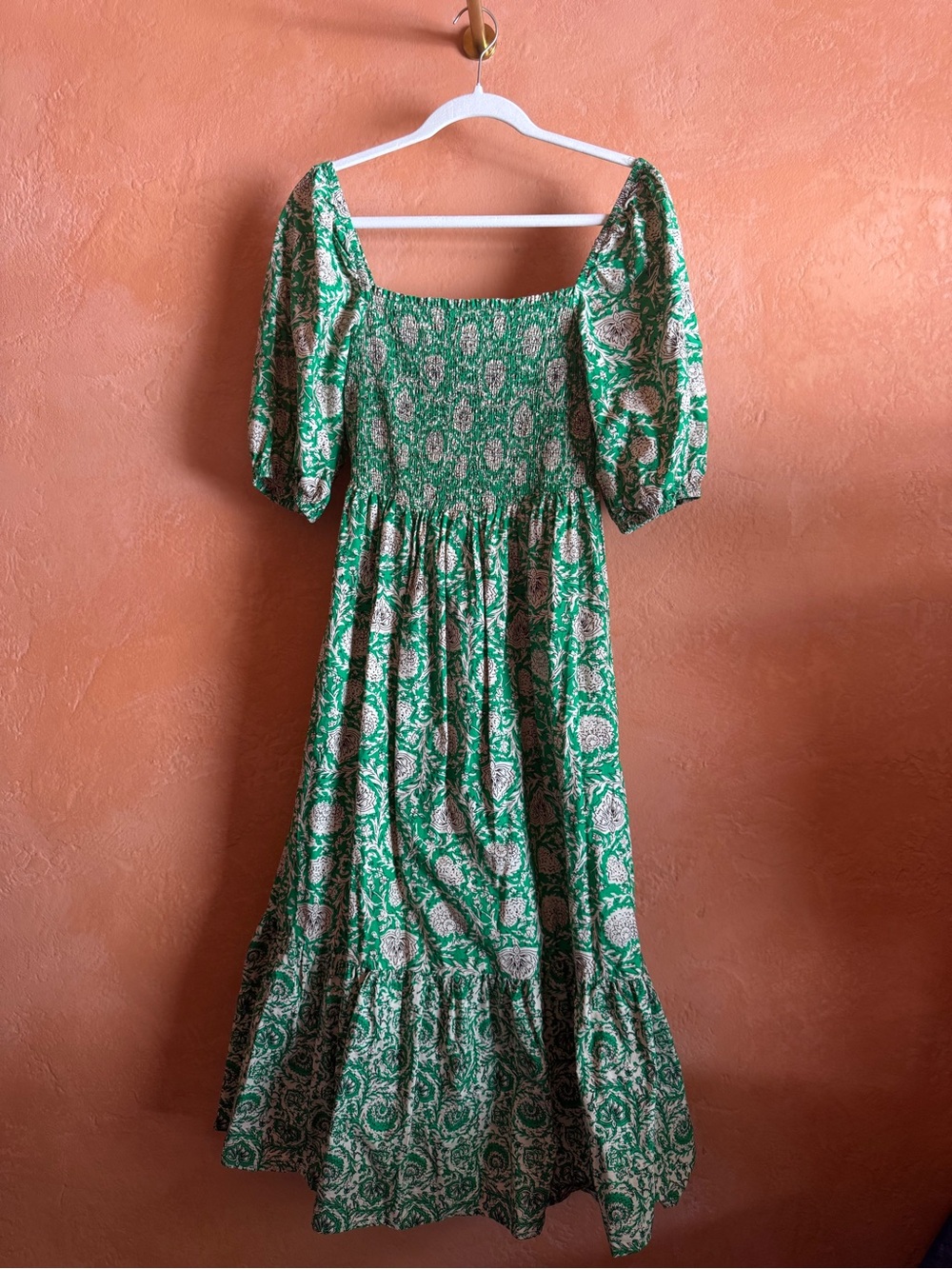 House of Harlow 1960 Green Floral Smocked Midi Dress Puff Sleeve M